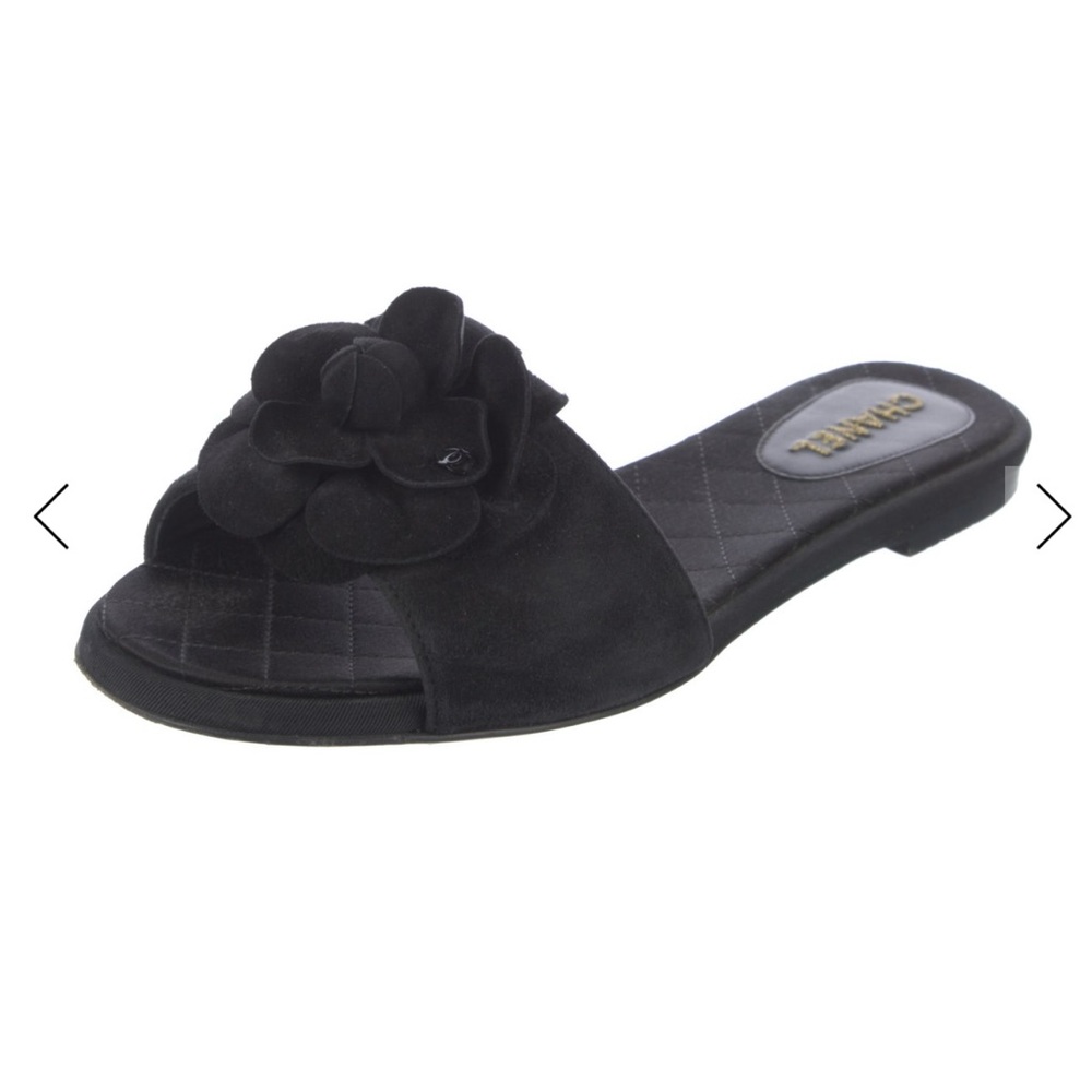 CHANEL Black Suede Camellia Slide Sandals